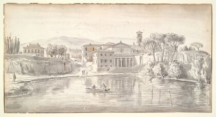 Church and Houses along a River