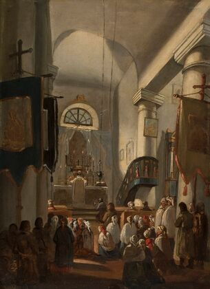 Church interior with staffage