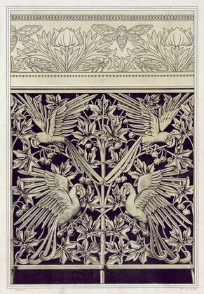 Cigales et anémones, bordure de napperon. Aras et platane, fonte.