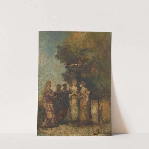 Cinq jeunes femmes dans un jardin devant une fontaine by Adolphe Monticelli