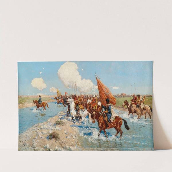 Circassian horsemen crossing a river by Franz Roubaud