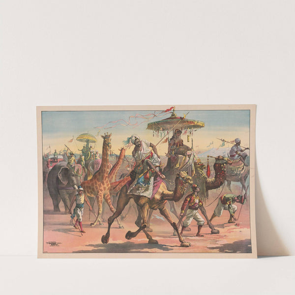 Circus troupe with people in exotic dress riding camels, giraffes, elephants (1890) by Calvert Litho. Co