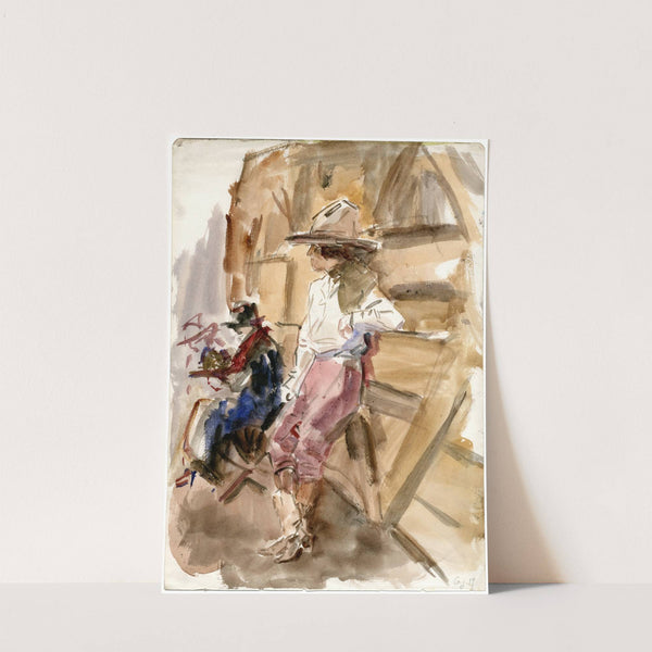 Circusstudie: vrouw in cowboykledij bij schutting by Isaac Israëls