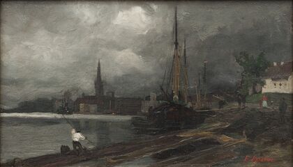 City view with harbor. Study