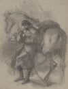 Civil War soldier leaning against horse (1866)