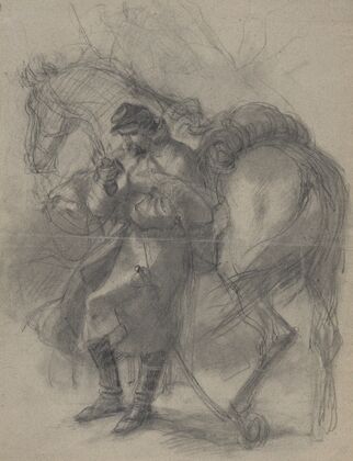 Civil War soldier leaning against horse (1866)