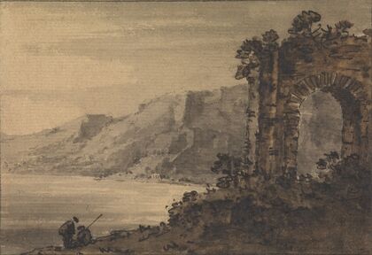 Classical Landscape with Two Figures on Lake Shore