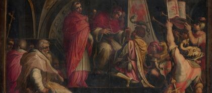Clemente IV hands his insigna to the captains of the Guelph Part