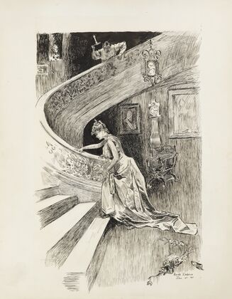 A woman in a gown begins to climb a staircase in a dark room (1893)