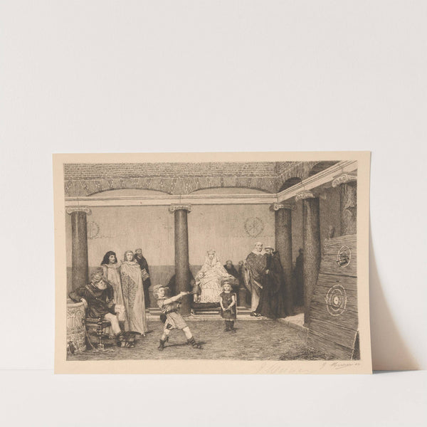 A woman in a gown begins to climb a staircase in a dark room (1893) by Harold Imbrie