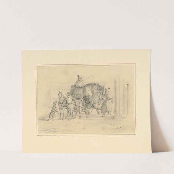 Coach with driver, passengers, and dog barking (1820-1830) by Henry Thomas Alken