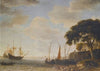 Coastal Landscape, A Dutch Kaag Tied Up To A Quay, A Man Of War Weighing Anchor Beyond
