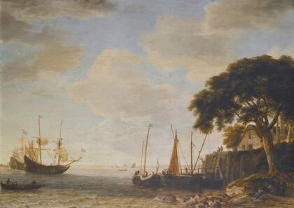 Coastal Landscape, A Dutch Kaag Tied Up To A Quay, A Man Of War Weighing Anchor Beyond