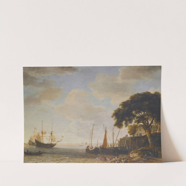 Coastal Landscape, A Dutch Kaag Tied Up To A Quay, A Man Of War Weighing Anchor Beyond by Jeronymus van Diest
