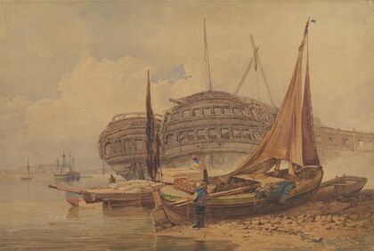 Coastal Scene with Beached Boats in Foreground
