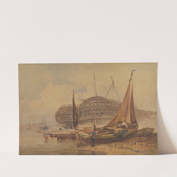 Coastal Scene with Beached Boats in Foreground (early–mid 19th century) by Samuel Prout