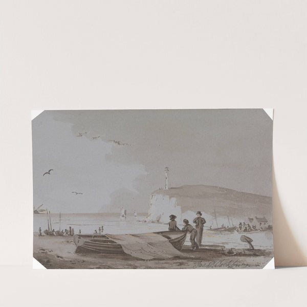 Coastal scene with Figures, Boats, Lighthouse, etc. by James Pattison Cockburn