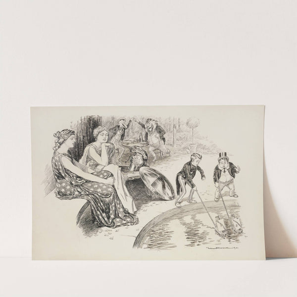 Columbia and Britannia watch two boys, representing the United States and Great Britain, play with boats in the water (1901) by William Henry Walker