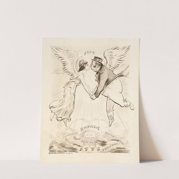 Columbia (United States) and John Bull (Great Britain) with wings fly, hold hands, and kiss in the year 1909 (1909) by William Henry Walker