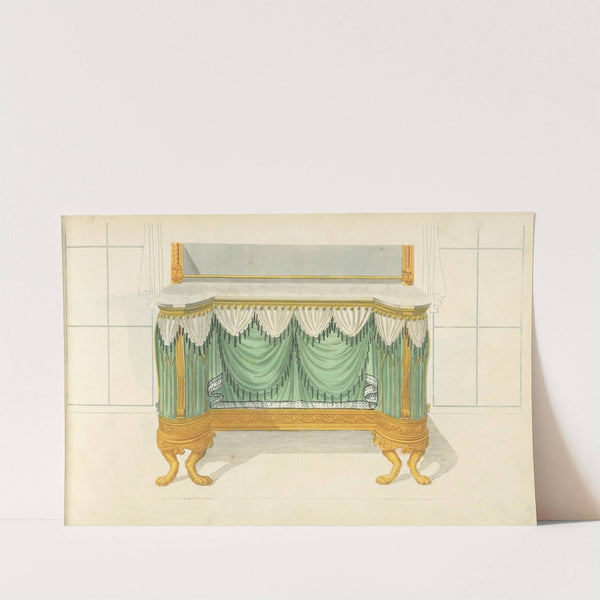 Commode or sideboard with green drapery. by Thomas Sheraton