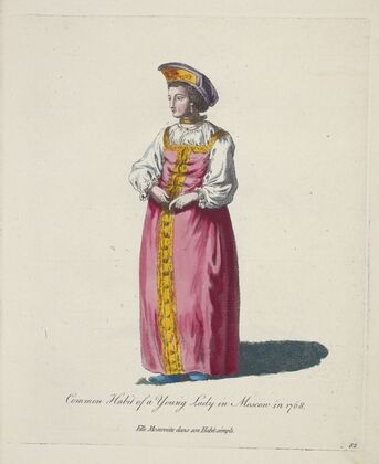 Common habit of a young lady in Moscow in 1768. Fille Moscovitte dans son habit simple. (1757-1772)