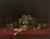Composition au panier de reines-claudes, aux biscuits et au verre de vin
