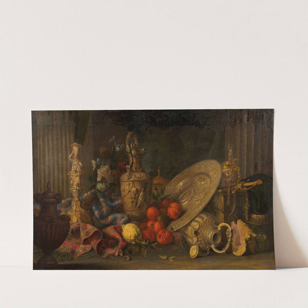Composition aux pièces d’argent, tapis d’Orient, vase en porphyre, coquillage, bigarade et cédrat by Meiffren Comte