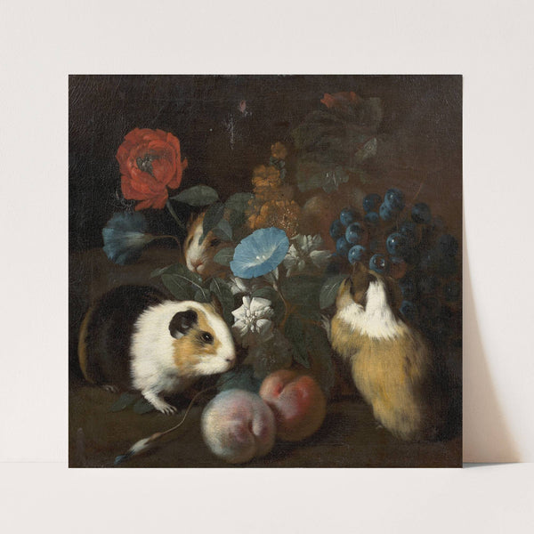 Composition aux trois cochons d’Inde, aux pêches et aux fleurs by Franz Werner von Tamm