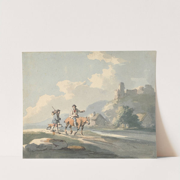 Composition: two travellers and a dog on a road passing cottages, with ruins on a hill by Peter La Cave