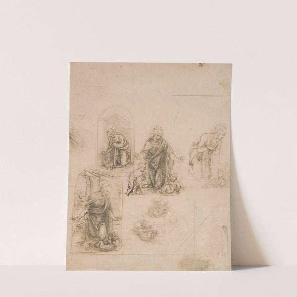 Compositional Sketches for the Virgin Adoring the Christ Child, with and without the Infant St. John the Baptist; Diagram of a Perspectival Projection (1480–85) by Leonardo da Vinci
