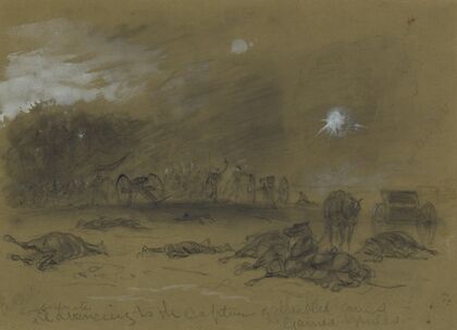 Confederates advancing to the capture of disabled guns. Gaines Mills