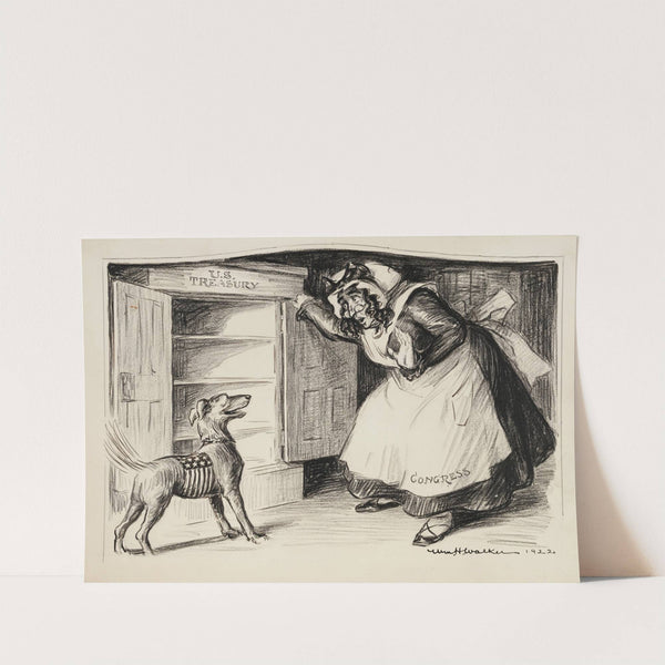 Congress, depicted as Old Mother Hubbard, opens her cupboard (the U.S. Treasury) to get food for her dog but finds it is empty (1922) by William Henry Walker