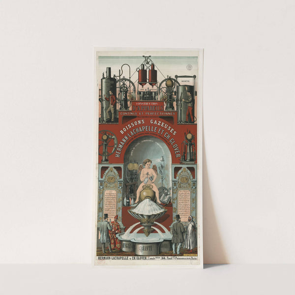 Construction d’appareils continus et perfectionnés. boissons gazeuses. Hygiène, santé, bonheur. Hermann-Lachapelle & Ch. lover (1860-1890) by Lith. F. Appel