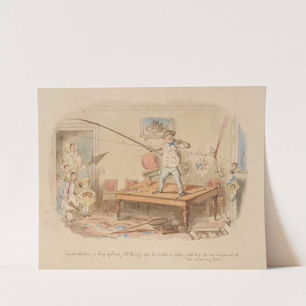 Contemplating a day’s fishing, Mr. Briggs gets his tackle in order, and trys the management of his running line. by John Leech