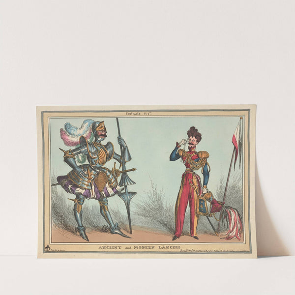 Contrasts, pl. 1st. Ancient and modern lancers. (1828) by William Heath