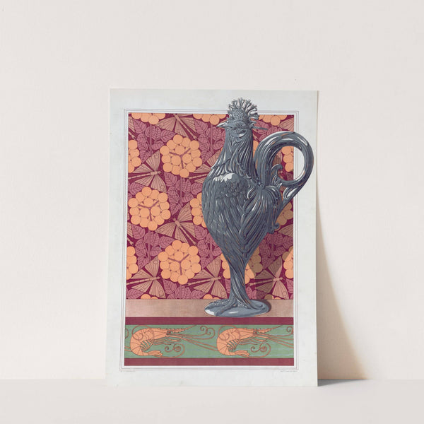 Coq, vase argent ciselé. Ombelles et libellules, jeu de fond. Crevettes, bordure. by Maurice Pillard Verneuil