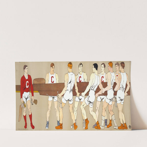 Cornell crew team holding a boat; on left is team coxswain (1907) by Edward Penfield