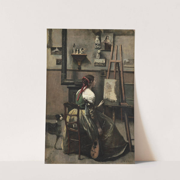 Corot's Studio - Woman Seated Before an Easel,a Mandolin in her Hand by Jean-Baptiste-Camille Corot