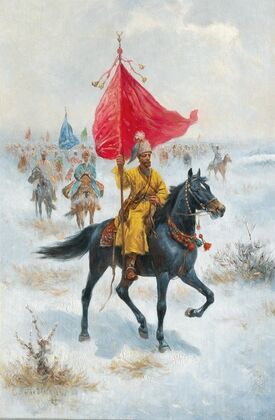 Cossacks on Horseback Bearing a Standard in a Winter Landscape