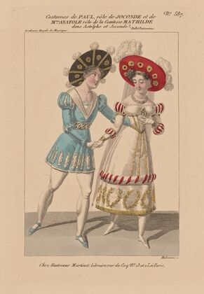 Costumes de Paul, rôle de Joconde et de Mme Anatole, rôle de la comtesse Mathilde, dans Astolphe et Joconde (1827)