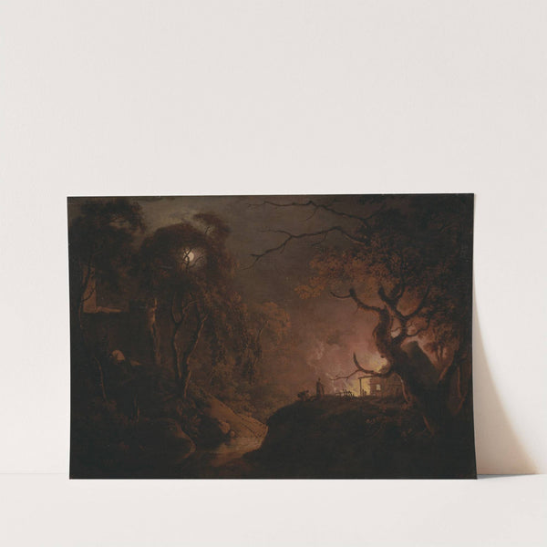Cottage on fire at night by Joseph Wright of Derby