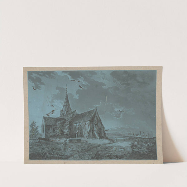Country church with figures, one holding a shovel, at night by John Rubens Smith