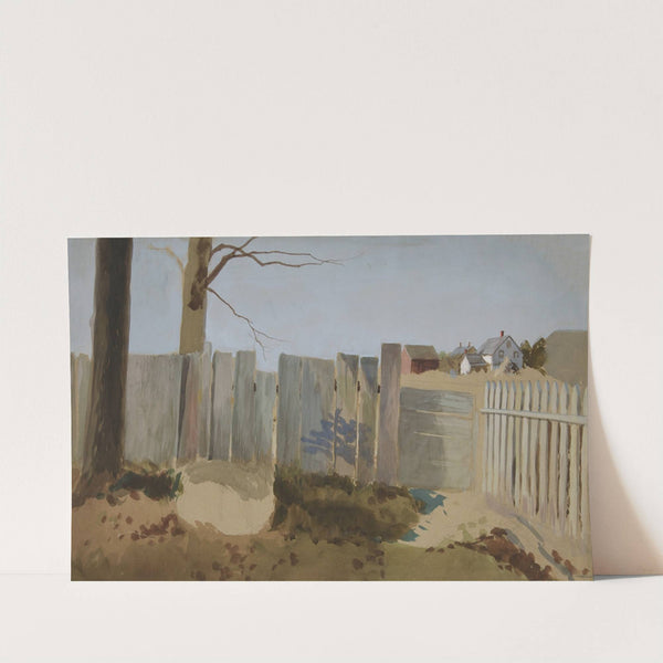 Country scene; fence, field, farmhouse in distance by Edwin Austin Abbey