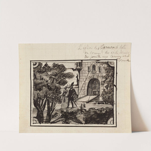 Couple en costumes du Moyen Age sortant d’un château avec pont-levis by Arthur-Joseph Gueniot