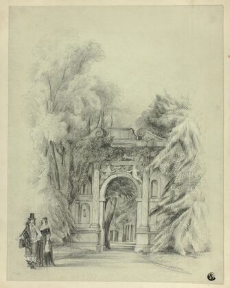 Couple in 17th Century Dress Standing Before Entrance to Park — size preview