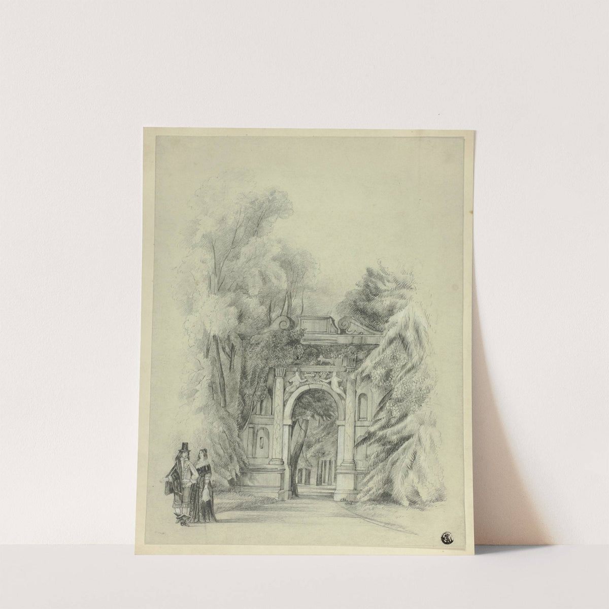 Couple in 17th Century Dress Standing Before Entrance to Park by Charles de Anson
