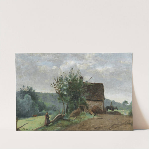Cour de ferme avec un cavalier et une petite fille au premier plan by Jean-Baptiste-Camille Corot