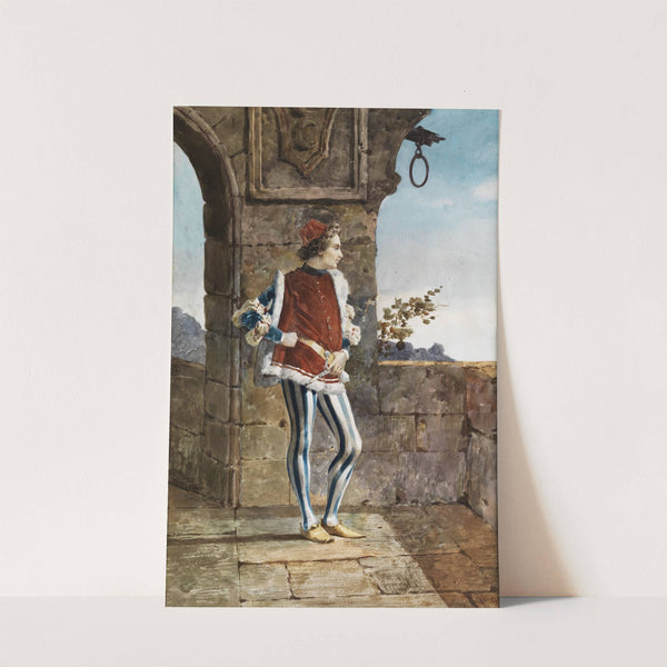 Courtly youth in medieval costume at an arch of the wall with a view of the landscape by Belisario Gioja