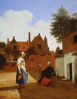 Courtyard in Delft at Evening- a Woman Spinning