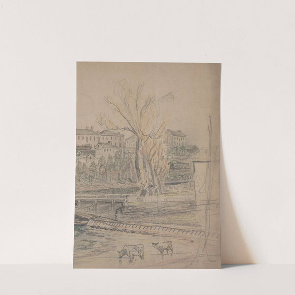 Cows grazing in lowlands near stream, houses in the background, on the upper elevations of the banks of the stream (1843-1860) by James Fuller Queen